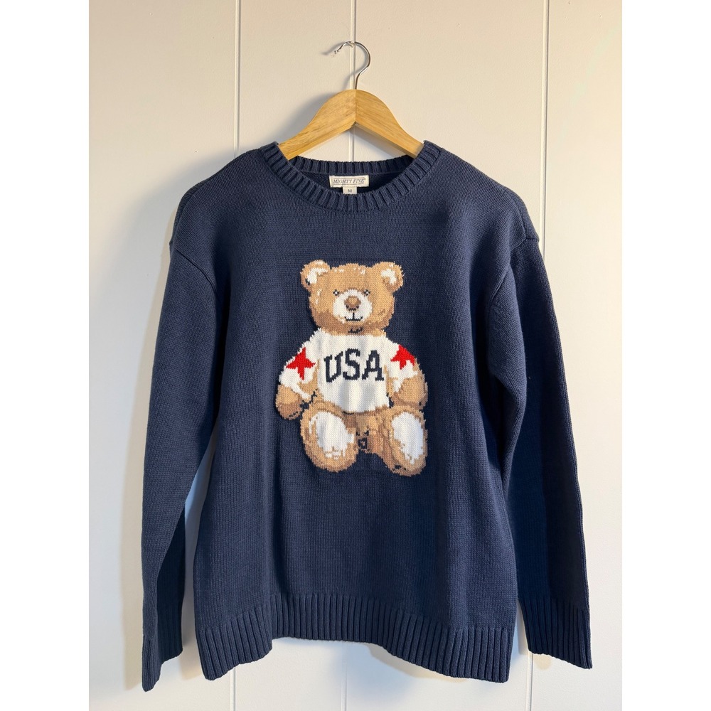 USA Teddy Bear Sweater Medium Navy Blue Knit Americana Graphic